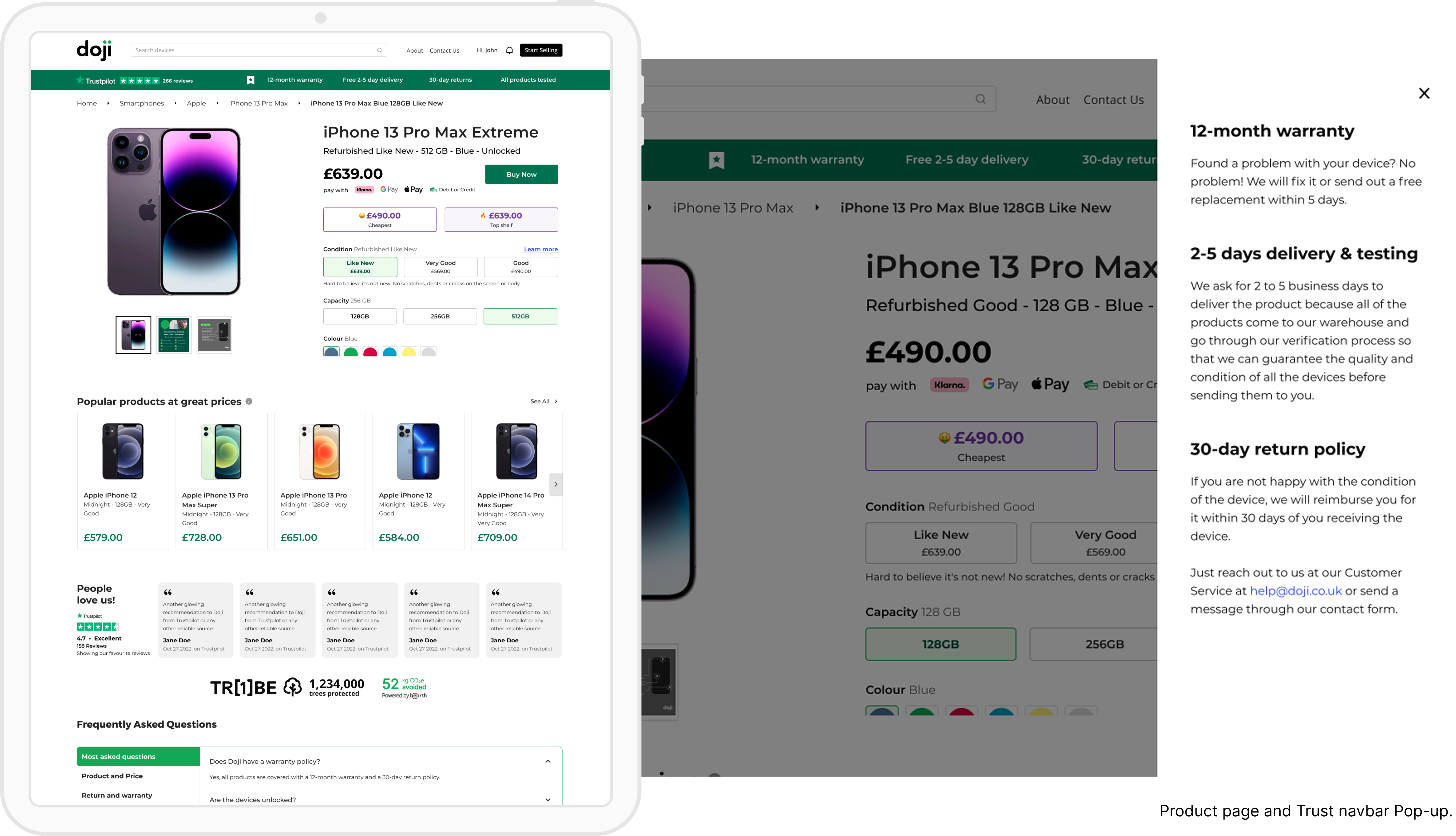 Doji product page and trust navbar pop-up