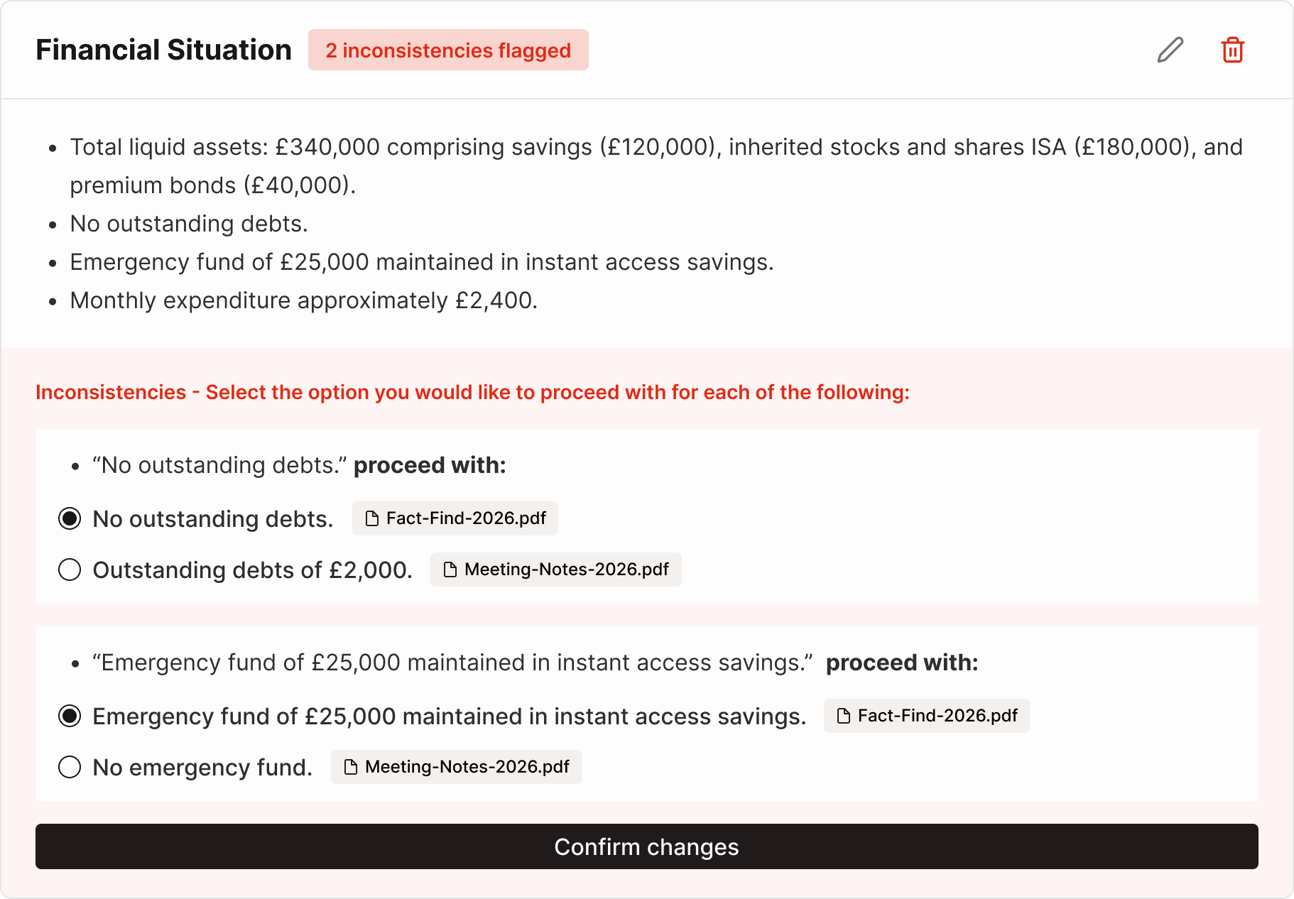 Inconsistencies surfaced for review before report generation, with the source document shown against each option