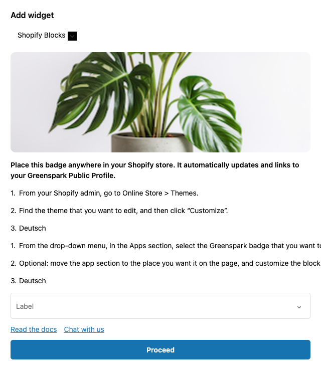 Adding the Greenspark impact badge to a Shopify store, with install steps in the panel