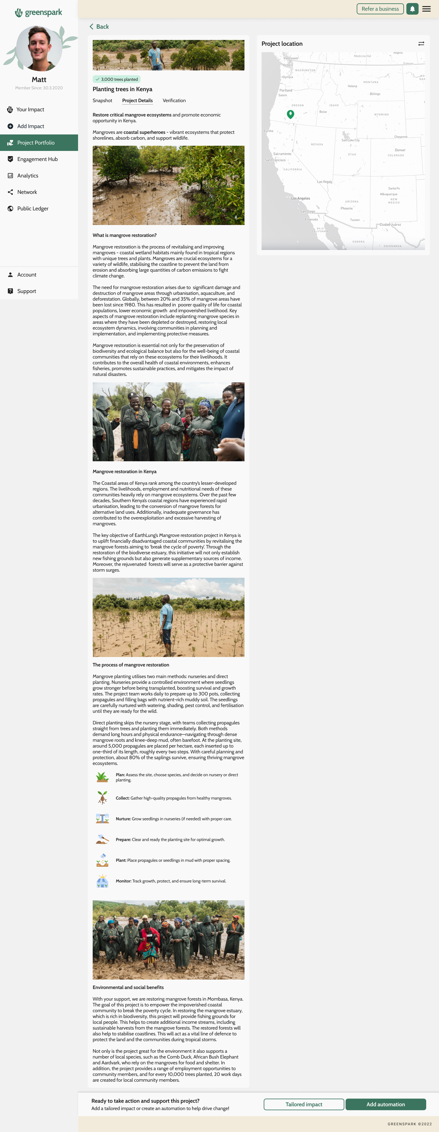 Project detail — Project Details tab with long-form mangrove restoration editorial and process steps