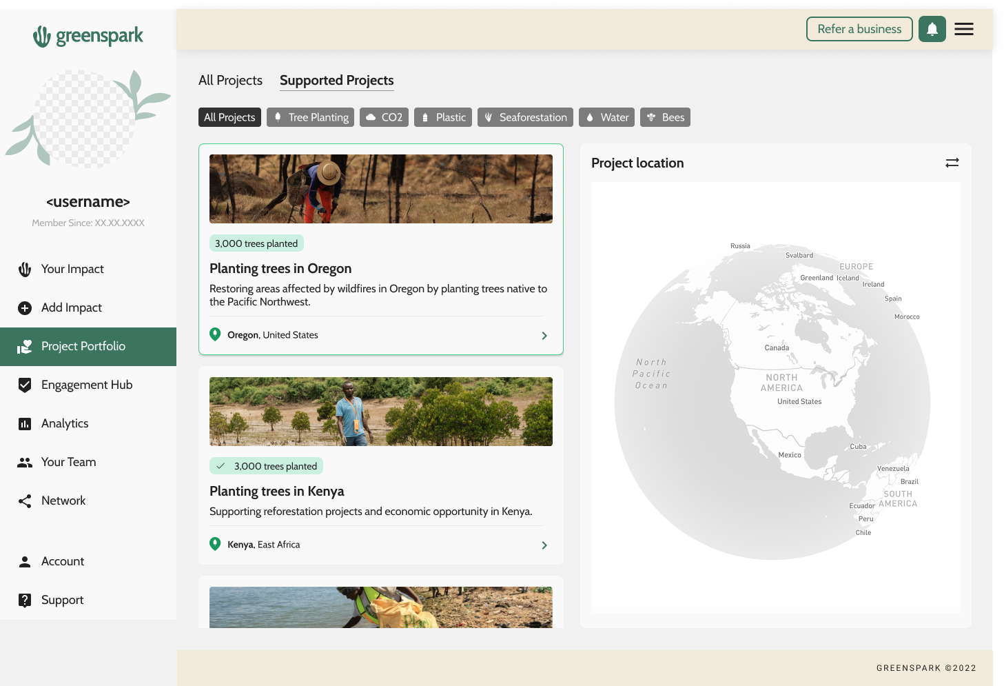 Project Portfolio list — impact-type filters, project cards and the project location map