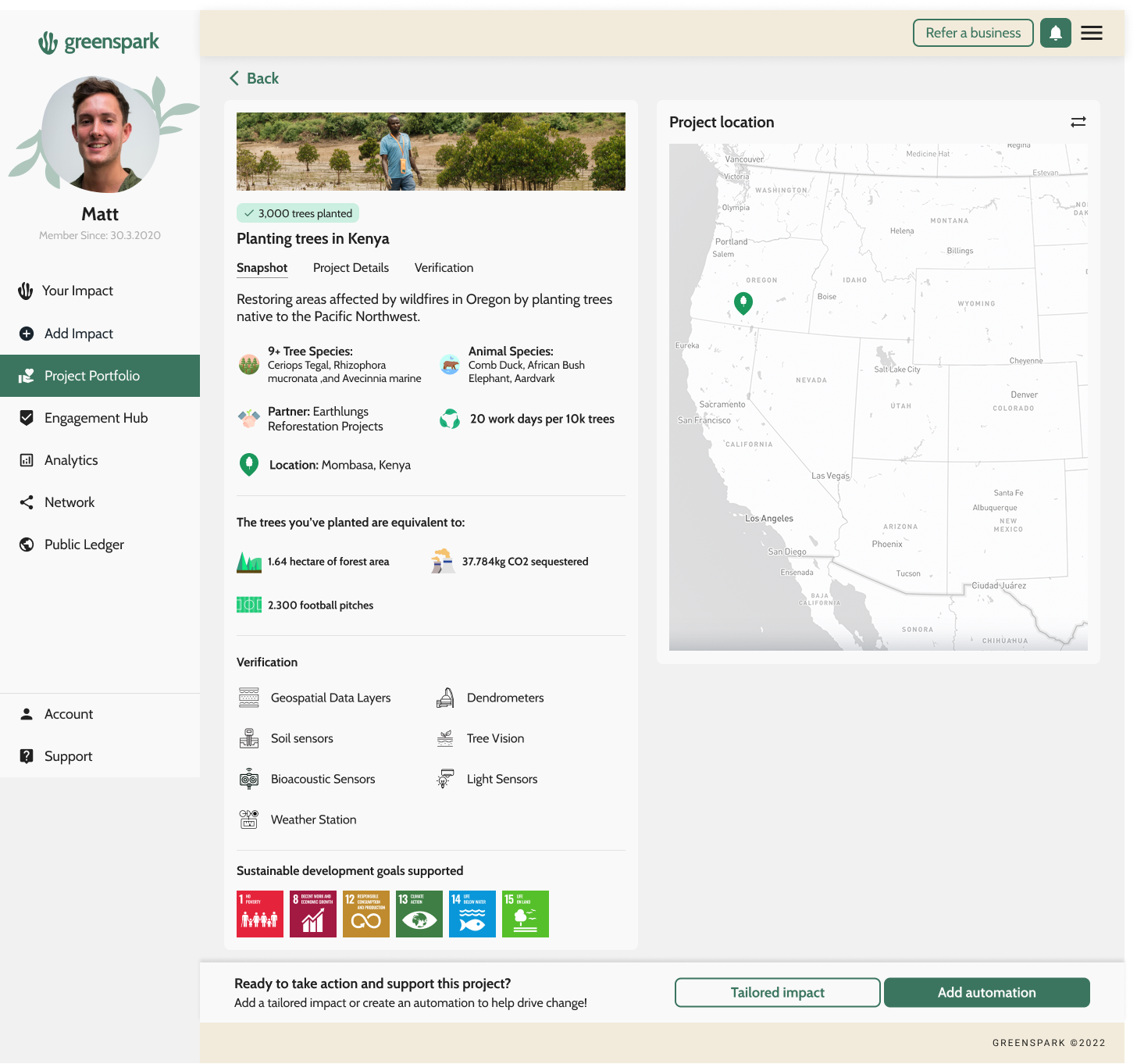 Project detail — Snapshot tab with species, partner, work days, equivalences, verification and SDGs