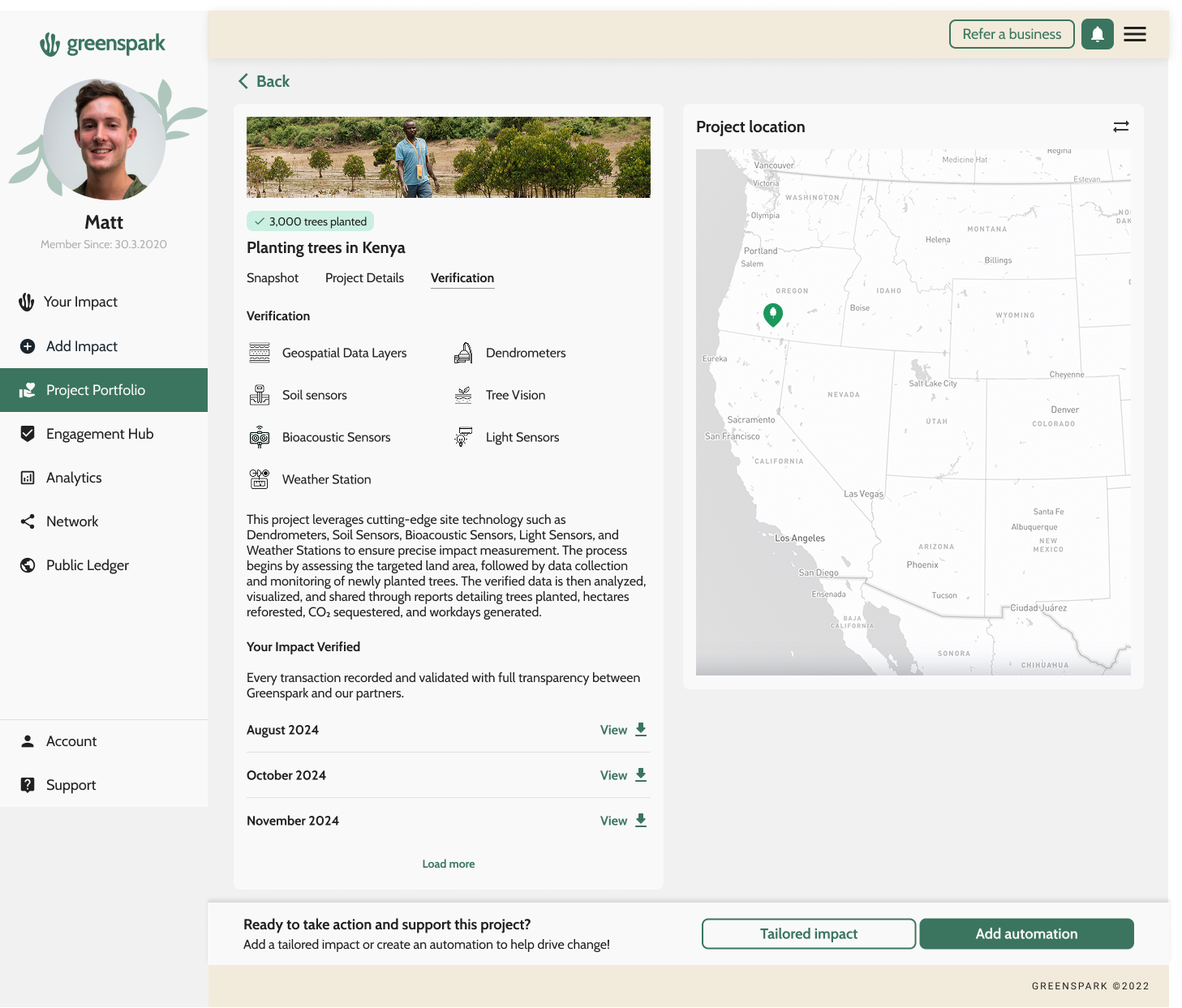 Project detail — Verification tab listing sensor types and downloadable monthly ledger entries